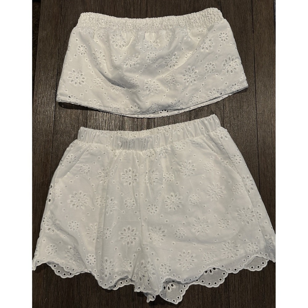 White Eyelet 2-Piece Summer Crop Top & Shorts Set size large beach wedding party